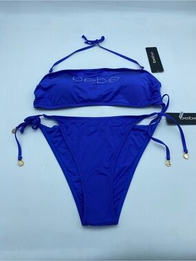 bebe Cobalt Blue Bandeau Rhinestone Logo Bikini Set